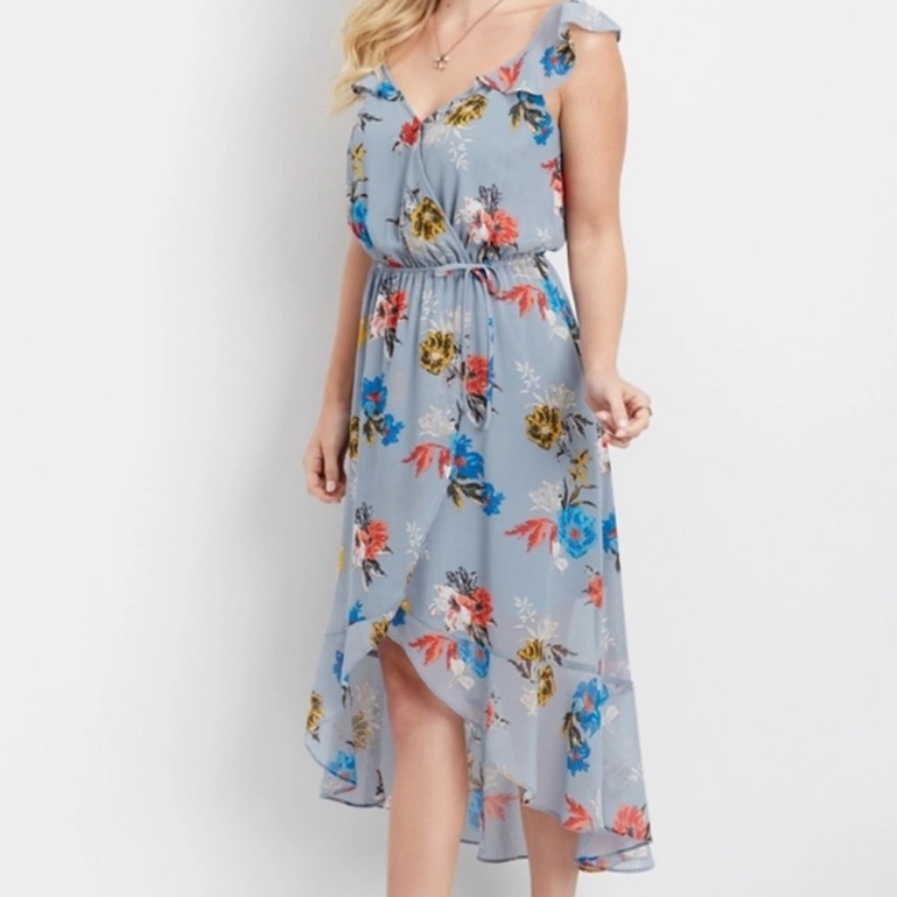 Maurices Gray and Blue Ruched Smocked Sundress